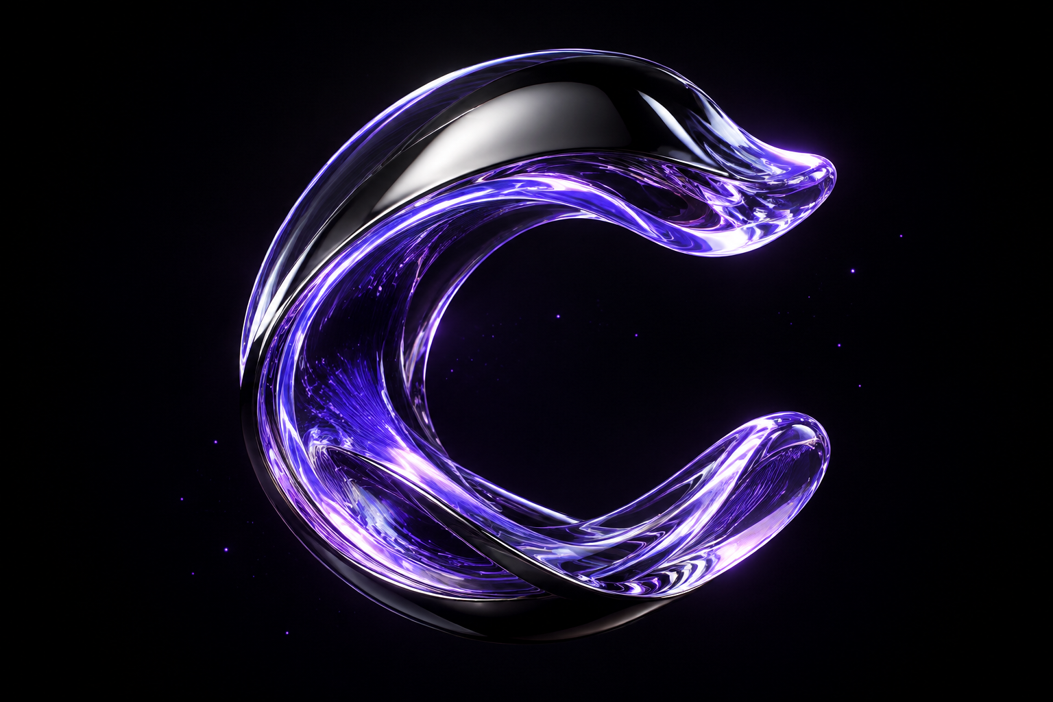 Sculptural chrome C with electric violet glass reflections